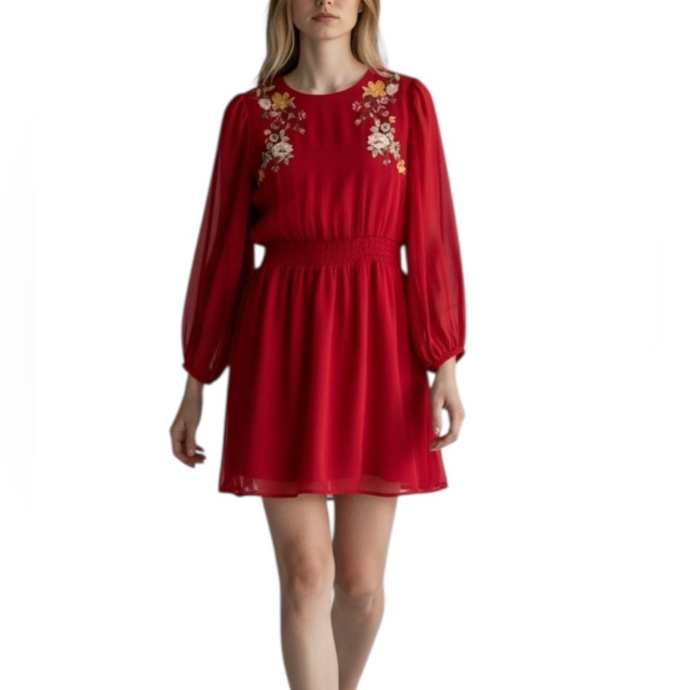 ASOS Red Embroidered Sheer Sleeve Mini Dress Elastic Waist Keyhole Back Size 8